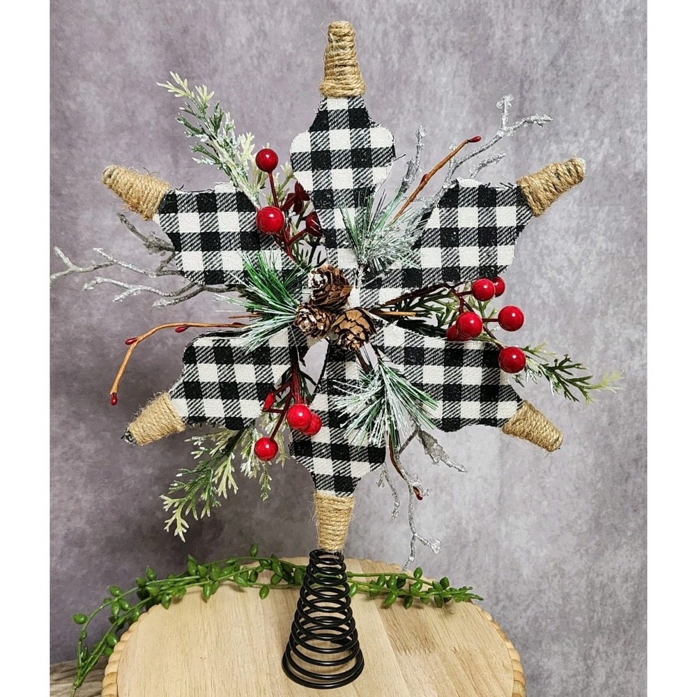 Black White Snowflake Star Christmas Tree Topper Buffalo Check Farmhouse 15" NEW